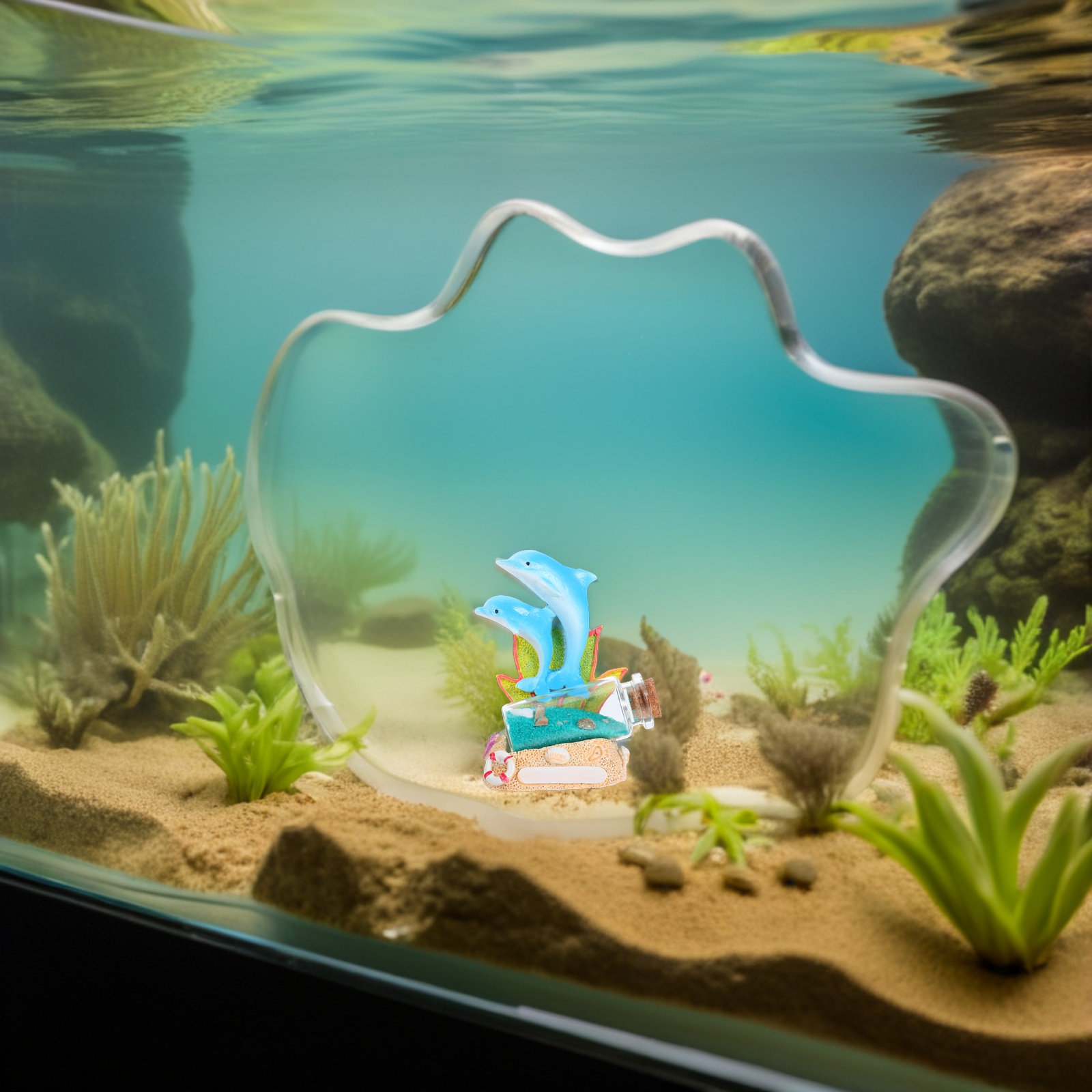 Aquarium Fish Dolphin - Delfin-Harz-Skulptur, Treibflasche, Ozean-Themen-Dekoration, Aquarium-Fischbecken-Sand-Muschel-Ornament für Zuhause